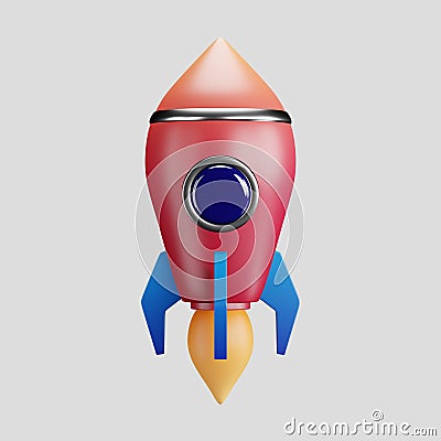 A 3D cartoon icon or emblem of a cartoon rocket with flame thruster Cartoon Illustration