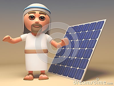 3d cartoon Jesus Christ character standing next to a renewable energy solar power cell panel, 3d illustration Cartoon Illustration