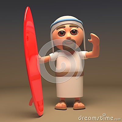 3d cartoon Jesus Christ the holy saviour with red surfboard Cartoon Illustration