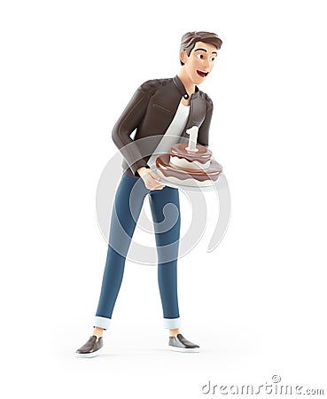 3d cartoon man holding birthday cake Cartoon Illustration