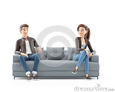 3d cartoon man and woman sitting on sofa and looking each other Cartoon Illustration