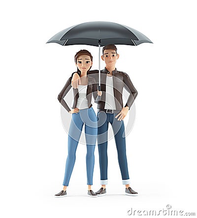 3d cartoon man and woman under umbrella Cartoon Illustration