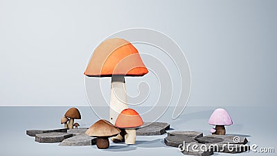3D Cartoon Mushroom close-up and stone Stock Photo