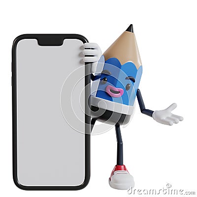 3d cartoon pencil character appears from behind a big phone with open hand Cartoon Illustration