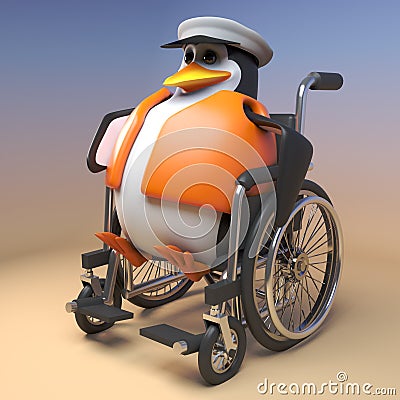 3d cartoon penguin sailor captain gets around in his wheelchair, 3d illustration Cartoon Illustration