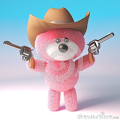 3d cartoon pink fluffy teddy bear character dressed as a cowboy with pistols and stetson hat, 3d illustration Cartoon Illustration