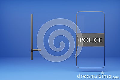 3D cartoon Police baton and shield isolated on the blue background Cartoon Illustration