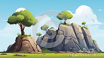 Cartoon Prehistoric Game Asset: Trees And Rocks On A Headland Stock Photo