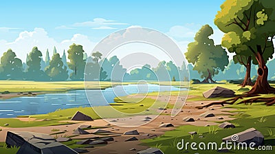 2d Cartoon Prehistory Game Asset: Estuary With Trees, Stones, And Hill Stock Photo