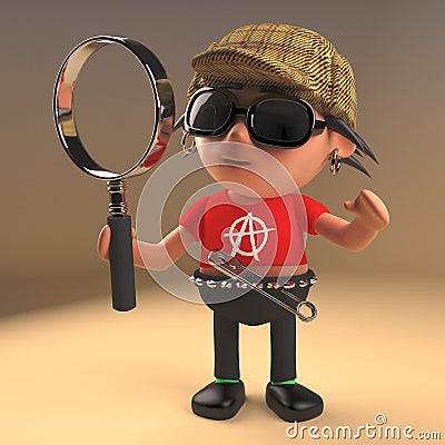 3d cartoon punk rock character wearing a deerstalker and holding a magnifying glass like a famous detective, 3d illustration Cartoon Illustration