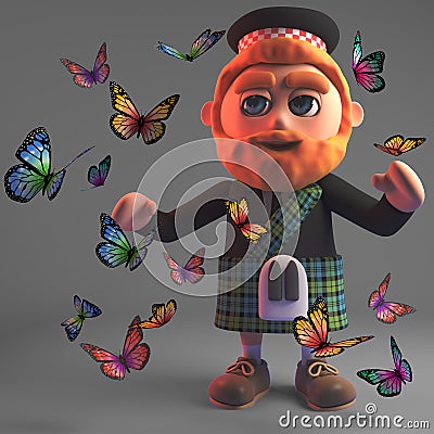 3d cartoon Scottish man with beard and kilt surrounded by butterflies, 3d illustration Cartoon Illustration