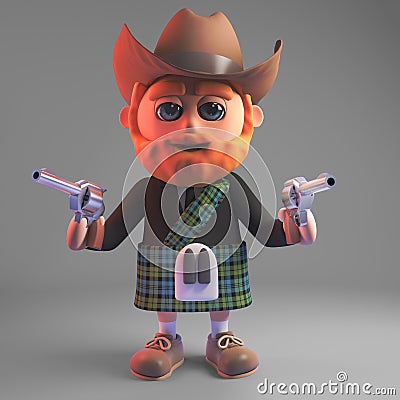 3d cartoon Scottish man in kilt wearing a cowboy hat and pointing two pistols, 3d illustration Cartoon Illustration