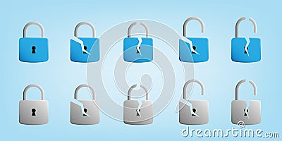 3D cartoon set collection of padlock which open, close, and broken in blue and grey color Vector Illustration