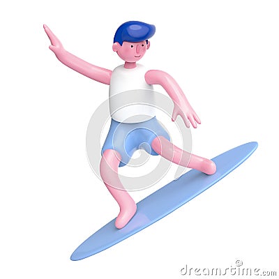 3D cartoon surfer character Vector Illustration