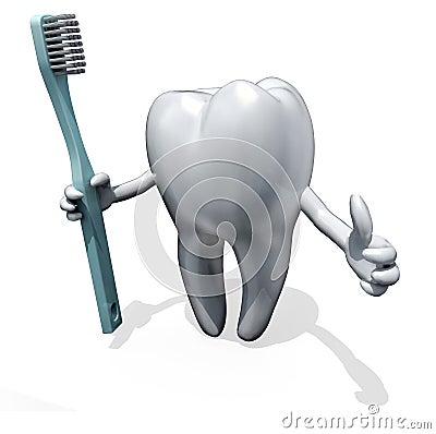 3d cartoon tooth holding a toothbrush Stock Photo