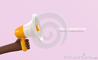 3d cartoon vector African hand holding megaphone social media marketing banner template. Promotion advertising 3d Vector Illustration