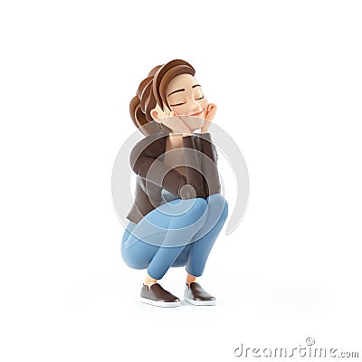 3d cartoon woman crouching and happy Cartoon Illustration