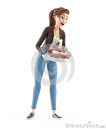 3d cartoon woman holding birthday cake Cartoon Illustration