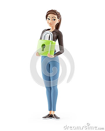 3d cartoon woman holding green padlock Cartoon Illustration