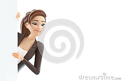 3d cartoon woman peeking out from behind wall Cartoon Illustration