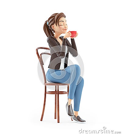 3d cartoon woman sitting on chair and smelling coffee Cartoon Illustration