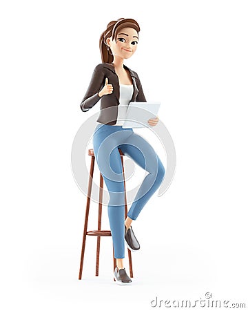 3d cartoon woman sitting with tablet and thumb up Cartoon Illustration