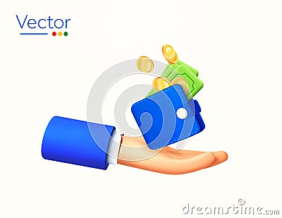 3d cash payment icon with hand holding wallet, dollars and coins, isolated on white background. 3d Cash pay symbol, a Vector Illustration