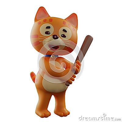 3D Cat Cartoon Character with a softball stick Cartoon Illustration