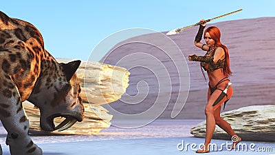 3D cave girl and crouching sabre tooth Cartoon Illustration