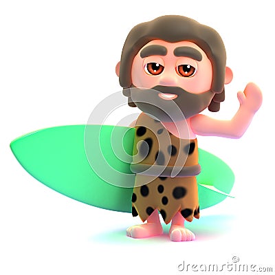 3d Caveman goes surfing Stock Photo