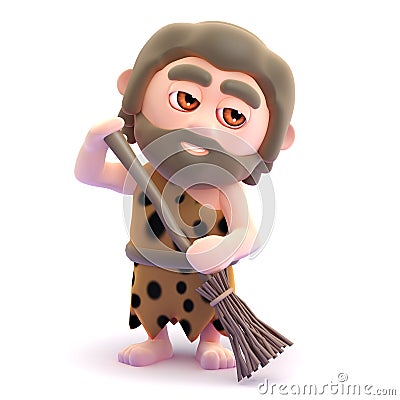 3d Caveman tidies his cave with a broom Stock Photo