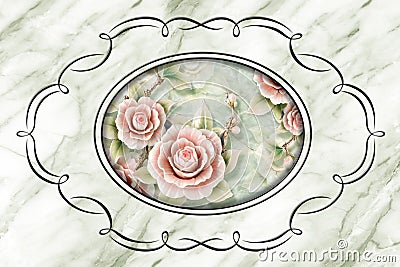 3d ceiling, stucco decor frame, stone roses in the middle on marble background Stock Photo