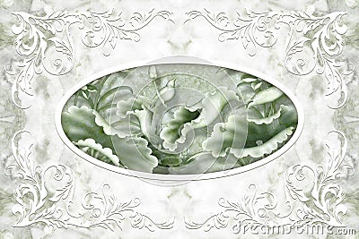 3d ceiling, white decor frame, stone flowers on pale-green marble background. 3d wallpaper. Stock Photo