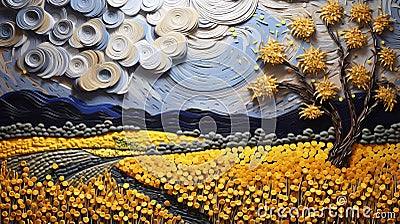 Beautiful Quilling Picture Of A Field With Yellow Trees Stock Photo