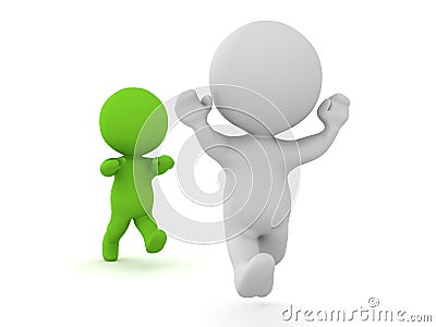 3D Character with arms raised being chased by zombie Stock Photo