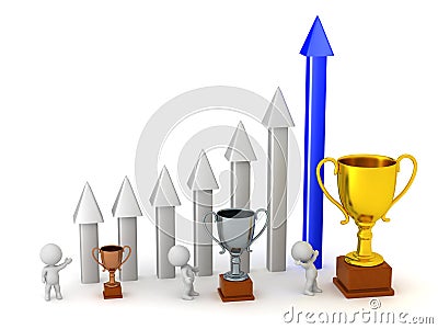 3D Character with Arrow Chart and Trophies Stock Photo