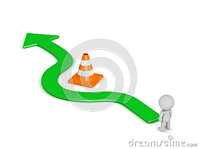3D Character and Arrow Going Around Orange Road Cone Obstacle Stock Photo