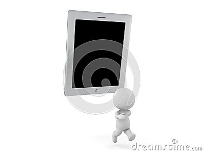 3D Character being chased by a giant tablet. Internet addiction Stock Photo