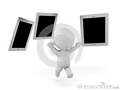 3D Character being chased by many tablets Internet device addict Stock Photo