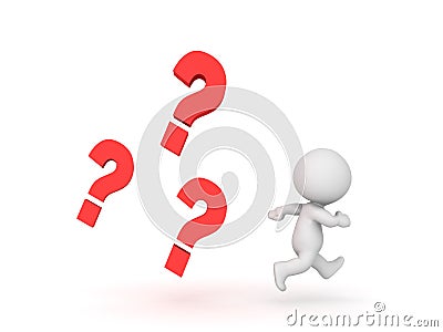 3D Character being chased by multiple question marks Stock Photo