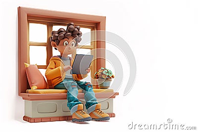 3D character boy with a tablet on a cozy window seat, generated ai Stock Photo