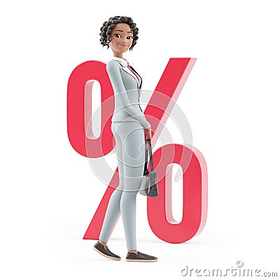 3d character businesswoman in front of percent sign Cartoon Illustration