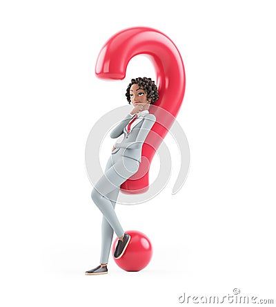 3d character businesswoman leaning under question mark Cartoon Illustration