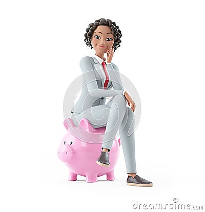 3d character businesswoman sitting on piggy bank Cartoon Illustration