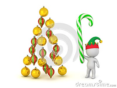 3D character with candy cane and decorative Christmas globes Stock Photo