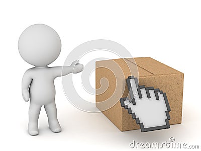 3D Character with Cardboard Box and Click Hand Cursor Stock Photo