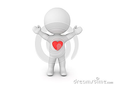 3D Character with cartoon red heart on his chest Stock Photo