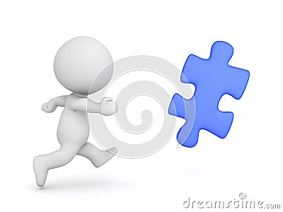 3D Character chasing blue jigsaw puzzle piece Stock Photo