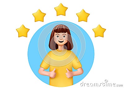 3d character. Customer review, happy client person, yellow five stars, people work experience, service assessment or Vector Illustration