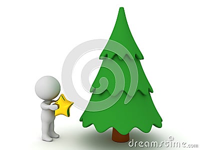 3D Character decorating Christmas tree with star Stock Photo